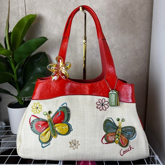 Coach Handbags - ♡ Coach Y2K Lexi Straw Tote Colorful Butterfly Appliqué Shoulder Bag ♡